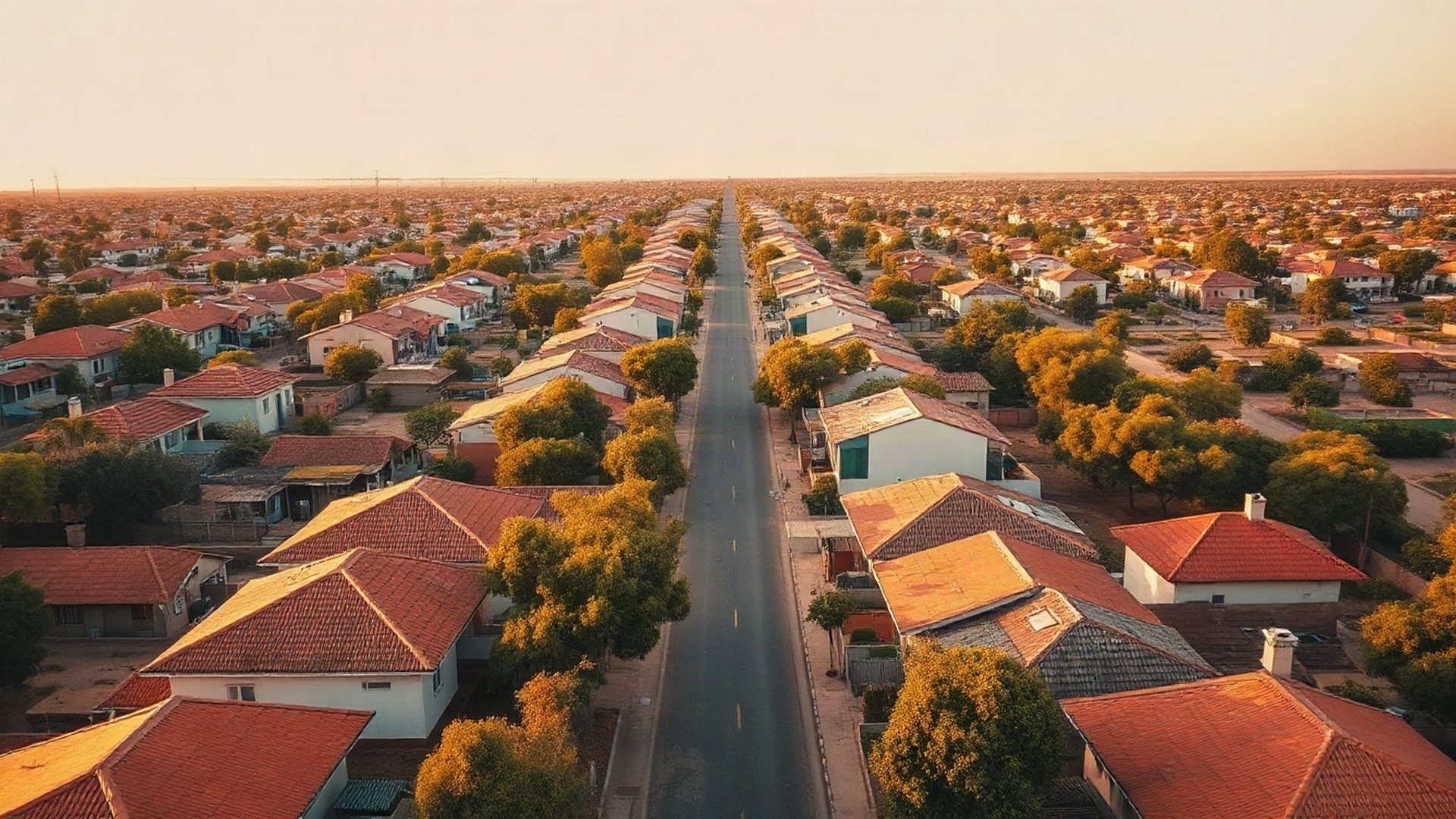 Aerial view of a Garissa residential neighbourhood at golden midday light